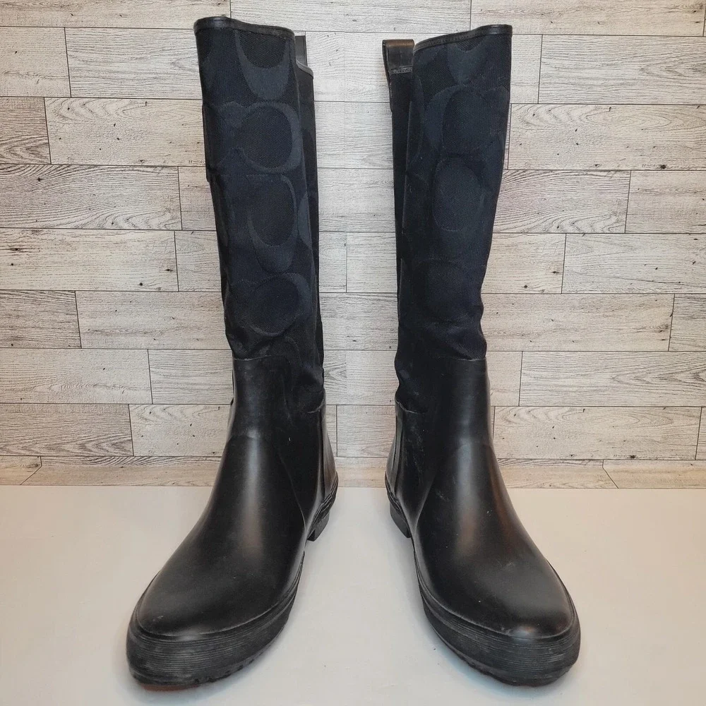 Coach Black Tall Rain Boots with Signature Logo
